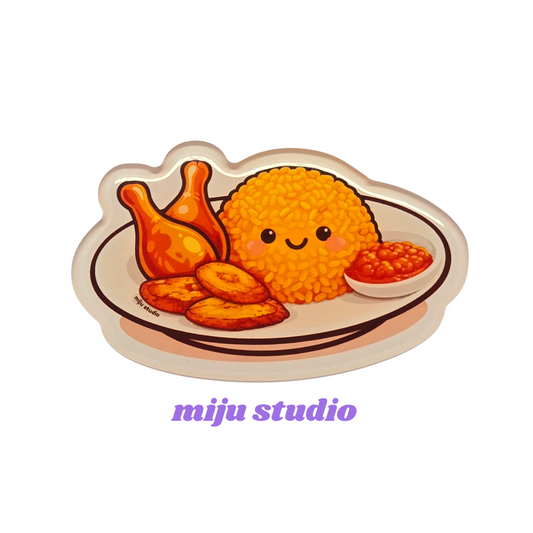 Illustration of a plate with a cartoonish fried chicken drumstick, nuggets, and fries with ketchup on a white background. The illustration is by miju studio.
